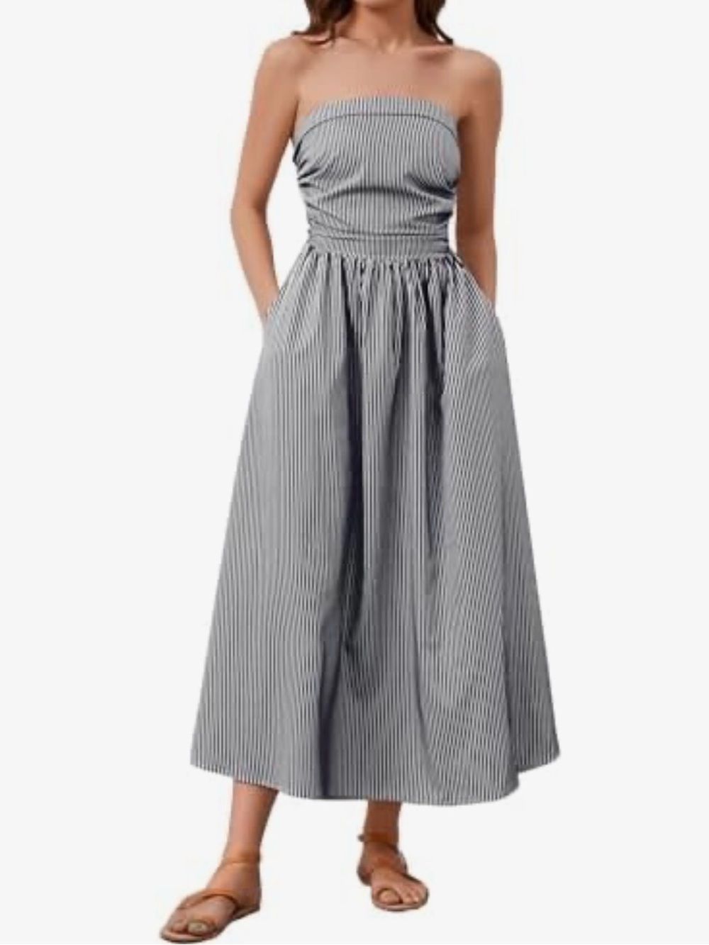 Striped Strapless Midi Dress in Black and White